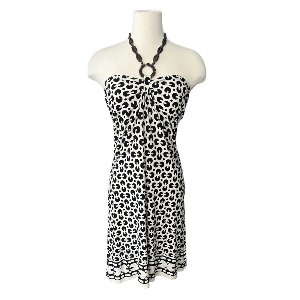 Vintage Do & Be Y2K O-Ring Halter Dress Large Jr.Geometric Black White Strapless